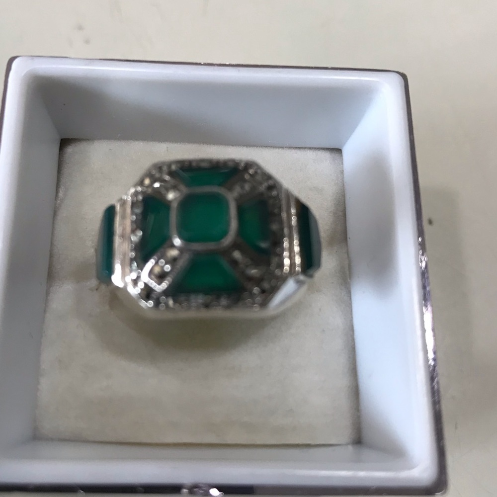 Vintage Sterling Silver Deco Style Jade and Marcasite Ring